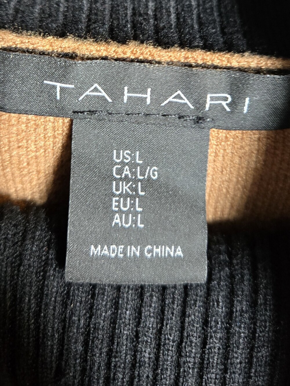 Tahari Two-Tone Turtleneck Sweater in Tan, Black & Red Trim - Picture 2 of 5